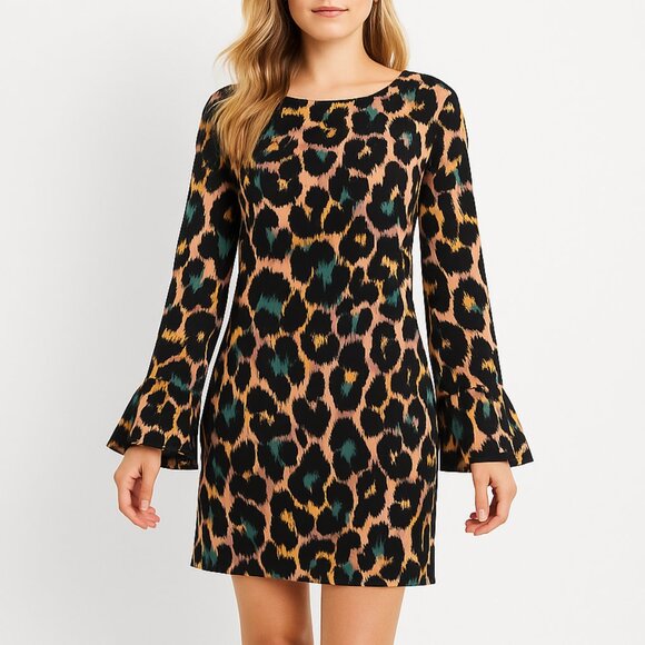 Cynthia Steffe Leopard Print Mini Dress – Bell Sleeves XS Animal Print - Picture 1 of 5